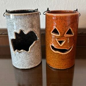 2 5'' Halloween Ceramic Lantern Set Bat and Jack-O-Lantern Luminary Decor 2pc